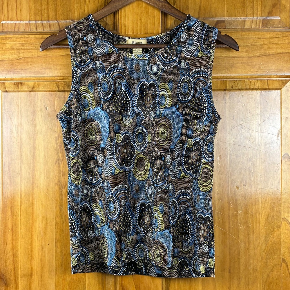 Plisse Vintage Pleated Sleeveless Brown Blue Mosaic Dot Top Art to Wear Eclectic